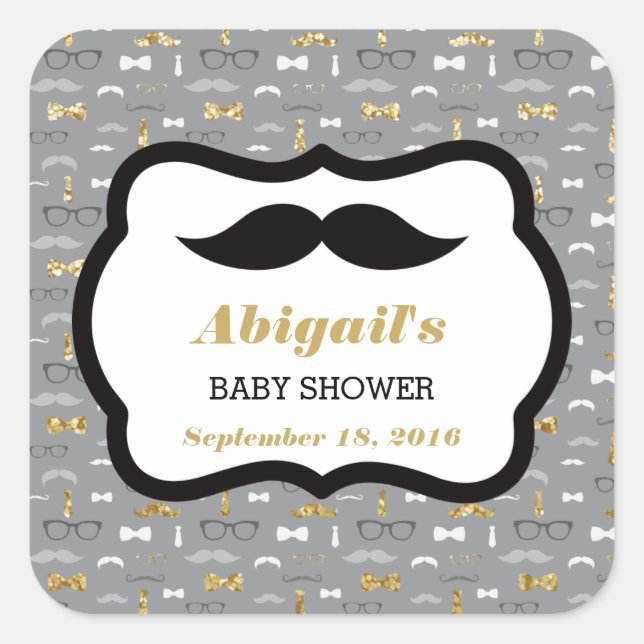 Little Man Baby Shower Sticker, Gold, Grau, Schwar Quadratischer Aufkleber (Vorderseite)