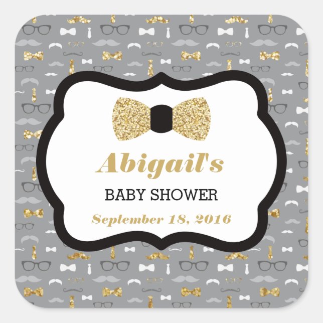 Little Man Baby Shower Sticker, Gold, Grau, Schwar Quadratischer Aufkleber (Vorderseite)