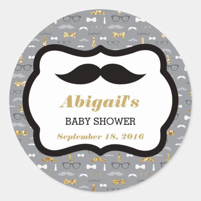 Little Man Baby Shower Sticker, Gold, Grau, Schwar Runder Aufkleber (Vorderseite)