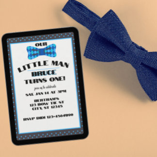 Little Man, Black Blue Bow Tie 1st Birthday Einladung