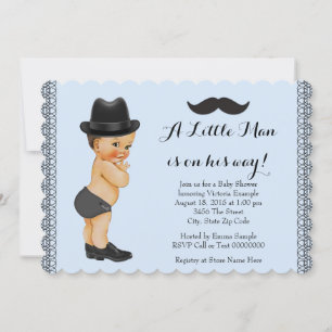 Little Man Blue und Black Mustache Babydusche Einladung