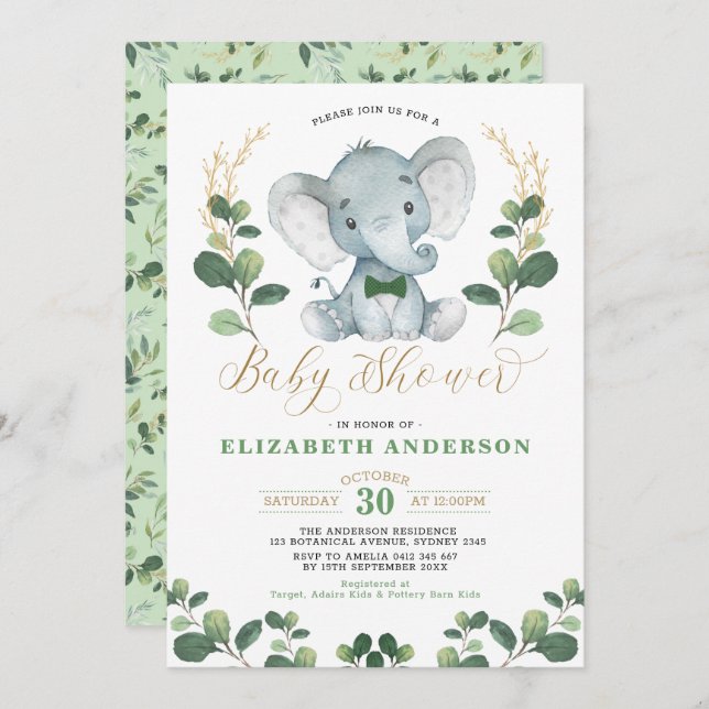 Little Man Elephant Greenerenery Gold Boy Baby Dus Einladung (Vorne/Hinten)