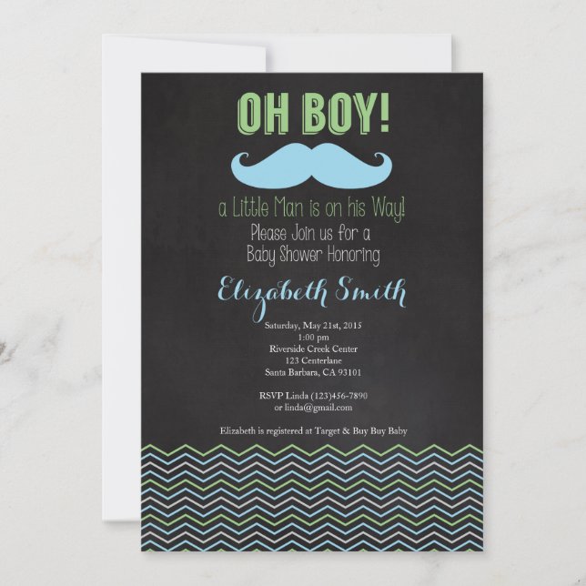 Little Man Mustache Baby Shower Einladung Chalkb (Vorderseite)