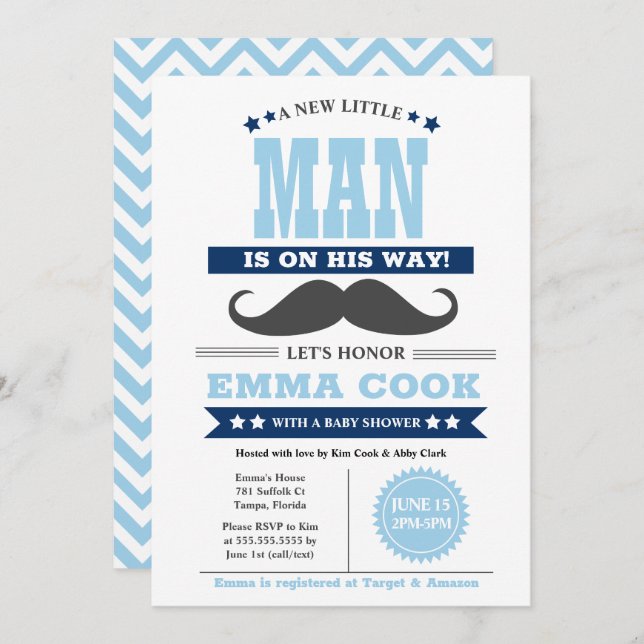 Little Man Mustache Bash Boy Baby Shower Einladung (Vorne/Hinten)