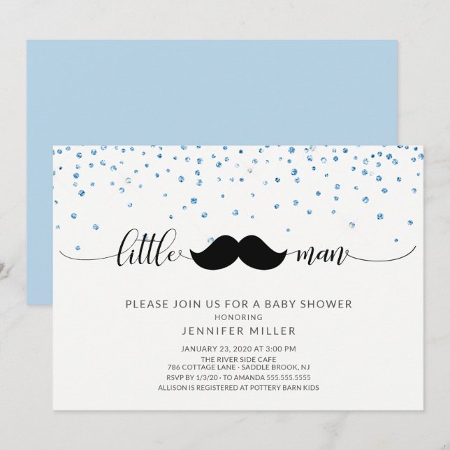 Little Man Mustache Boys Babydusche Einladung (Vorne/Hinten)