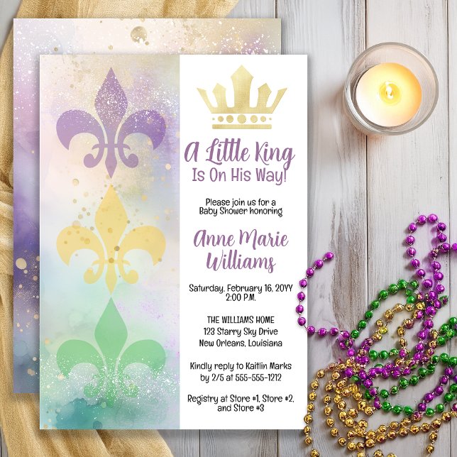 Little Mardi Gras King Baby Shower  Einladung (Little Mardi Gras King Baby Shower Invitation with Crown & Fleur-de-Lis -- Print | Digital Download)