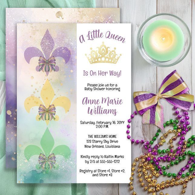 Little Mardi Gras Queen Fleur de Lis Baby Shower Einladung (Little Mardi Gras Queen Baby Shower Invitation with Crown & Fleur-de-Lis -- Print | Digital)