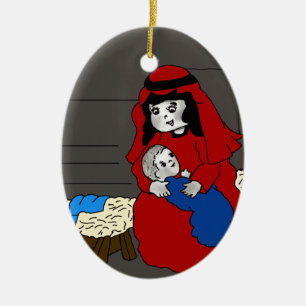 Little Mary and Baby Jesus in Red Keramik Ornament
