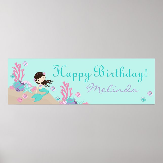 Little Mermaid Birthday Banner Brünett Poster (Vorne)