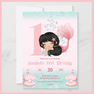 Little Mermaid Dark Hair Pink 1. Geburtstag Einladung