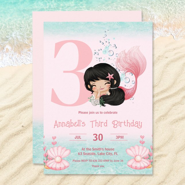 Little Mermaid Dark Hair Pink Girl Geburtstag Einladung (Birthday invitation with cute mermaid with dark hair. For blonde please visit the store :))
