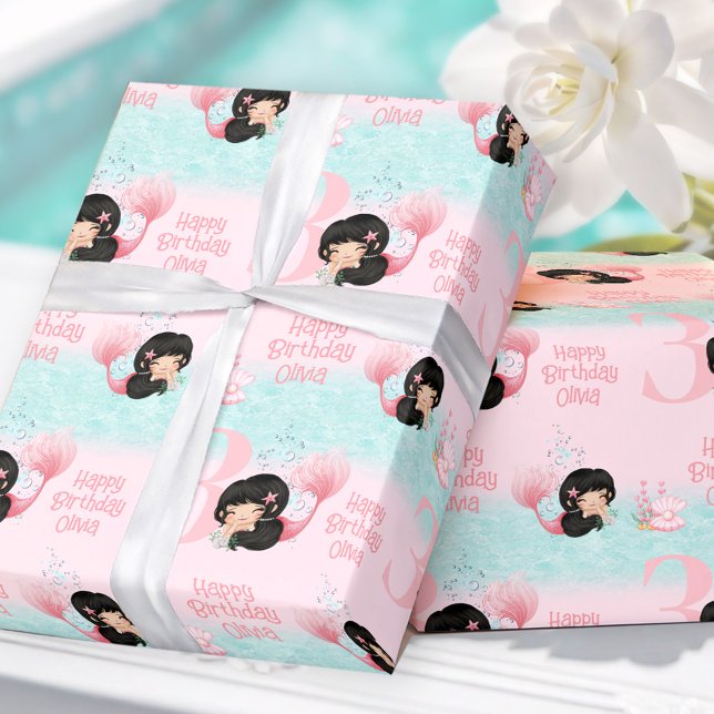 Little Mermaid Dark Hair Pink Girl Geschenkpapier (Little Mermaid Dark Hair Pink Girl Wrapping Paper)