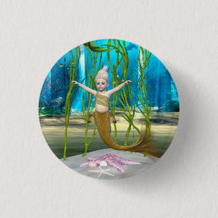 Little Mermaid Niedlich Fantasy Girl, Blue Ocean Button