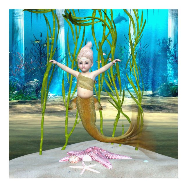 Little Mermaid Niedlich Fantasy Girl, Blue Ocean Fotodruck (Vorne)