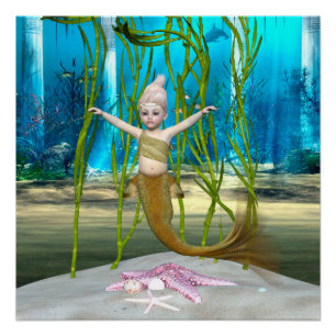 Little Mermaid Niedlich Fantasy Girl, Blue Ocean Poster
