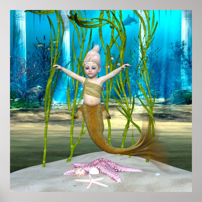 Little Mermaid Niedlich Fantasy Girl, Blue Ocean Poster (Vorne)