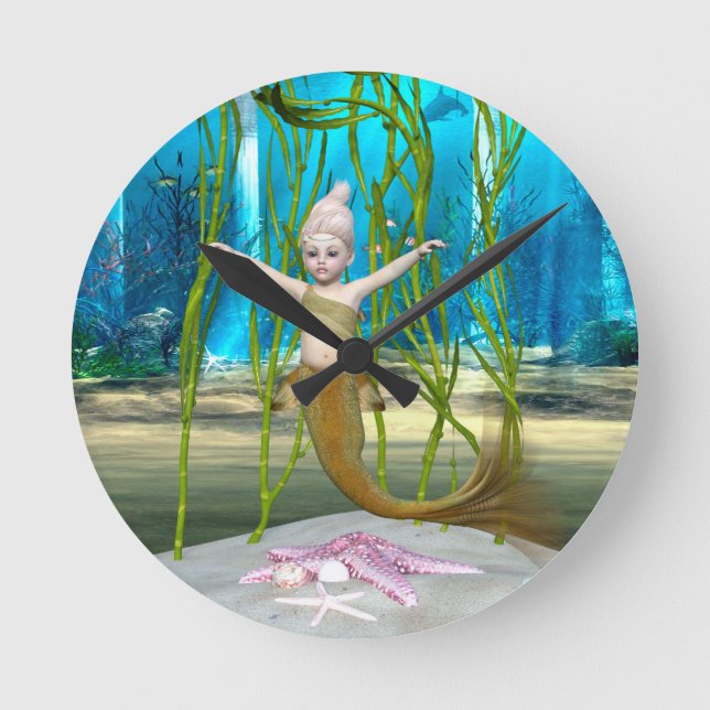 Little Mermaid Niedlich Fantasy Girl, Blue Ocean Runde Wanduhr (Vorderseite)