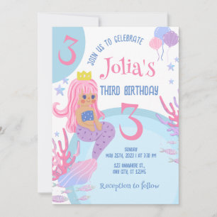 Little Mermaid rosa Haar Pink 3. Geburtstag Einlad Einladung