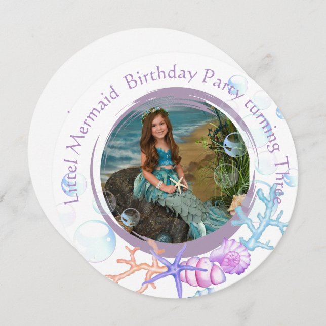 Little Mermaid Three Birthday Party Foto Einladung (Vorne/Hinten)