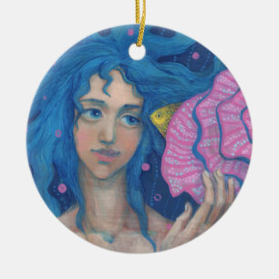 Little Mermaid, Underwater Fantasy Art, Pink Blue Keramik Ornament