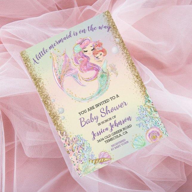 Little Mermaid Watercolor Baby Shower Gold Einladung (Von Creator hochgeladen)