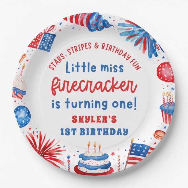 Little Miss Firecracker 4. Juli 1. Geburtstag Pappteller (Vorderseite)
