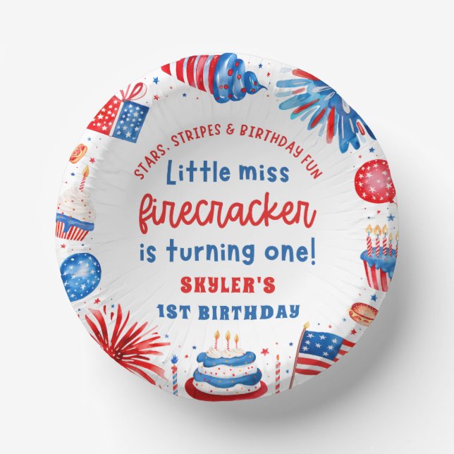 Little Miss Firecracker 4. Juli 1. Geburtstag Pappteller (Vorderseite)