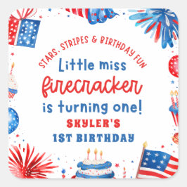 Little Miss Firecracker 4. Juli 1. Geburtstag Quadratischer Aufkleber
