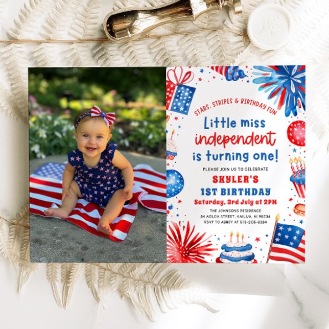 Little Miss Independent 4. Juli 1. Geburtstag Einladung (Watercolor Fireworks Patriotic Little Miss Independent 4th of July Girl 1st Birthday Invitation)