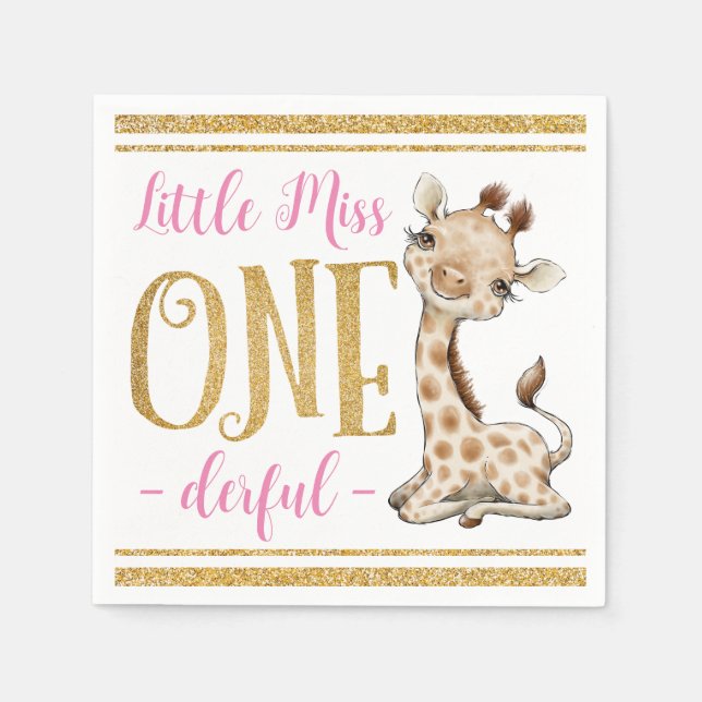 Little Miss One Derful Niedlich Giraffe 1. Geburts Serviette (Vorderseite)