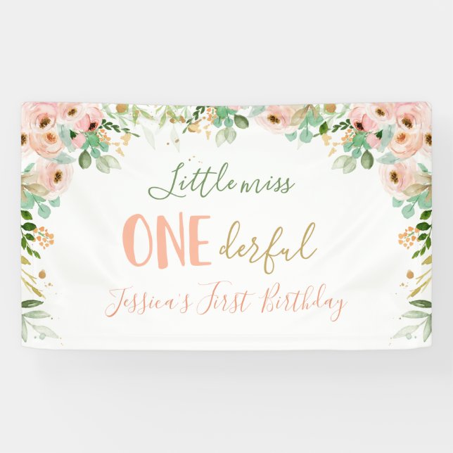 Little Miss Onederful Birthday Floral Pink Gold Banner (Horizontal)