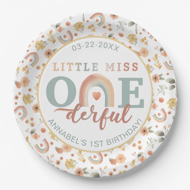 Little Miss Onederful Boho Rainbow Birthday Paper Pappteller (Vorderseite)