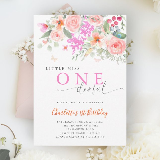 Little Miss Onederful Bright Girl 1. Geburtstag Einladung (little miss onederful girls 1st birthday invite colorful garden wildflowers watercolor calligraphy)