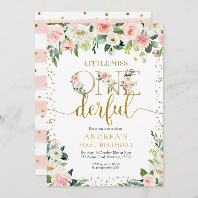 Little Miss Onederful Pink Floral Einladung (Vorne/Hinten)