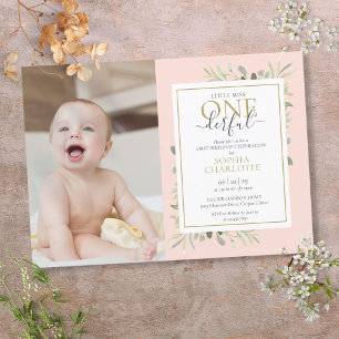 Little Miss ONEderful Pink Girl 1. Geburtstagsfoto Einladung