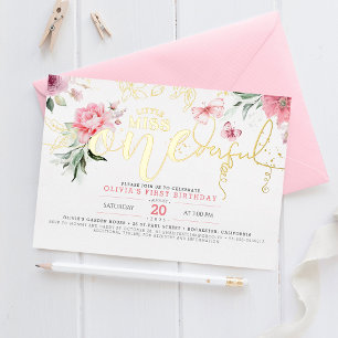 Little Miss ONEderful Rosa Blumen 1. Geburtstag Folieneinladung