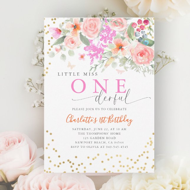 Little Miss Onederful Vibrant Girl 1. Geburtstag Einladung (little miss onederful girls 1st birthday invite happy garden wildflowers watercolor calligraphy cute)