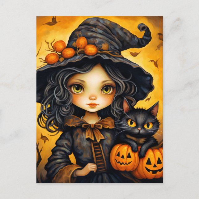 Little Miss Witch | Frohe Halloween Postkarte (Vorderseite)