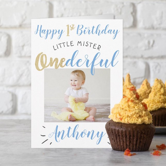 Little Mister Onederful 1st Birthday Photo Karte (Von Creator hochgeladen)