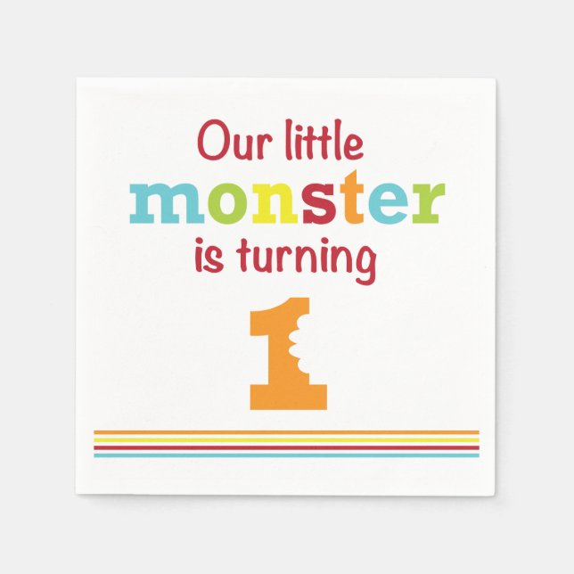 LIttle Monster 1. Geburtstag blaue Streifen Serviette (Vorderseite)