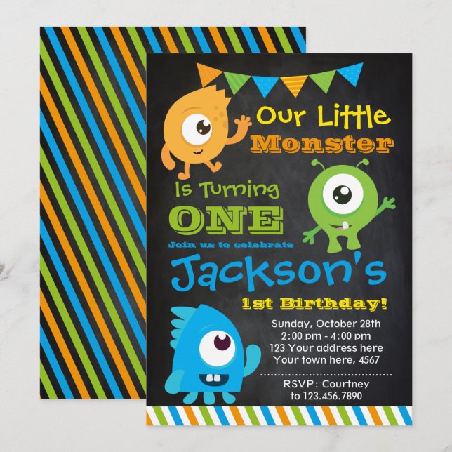 Little Monster Invitation, Chalkboard, Einladung (Vorne/Hinten)