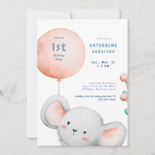Little Mouse Blush & Blue 1. Geburtstag Party Einladung