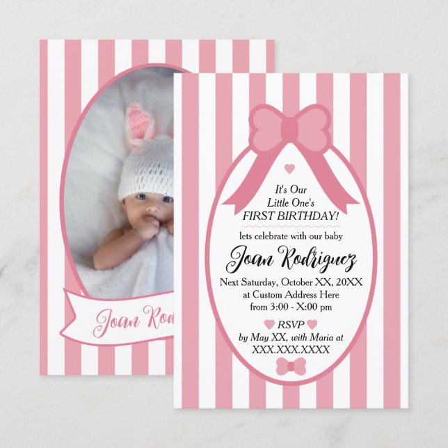 Little One Bow 1st Birthday Photo Invitations Dankeskarte (Vorne/Hinten)