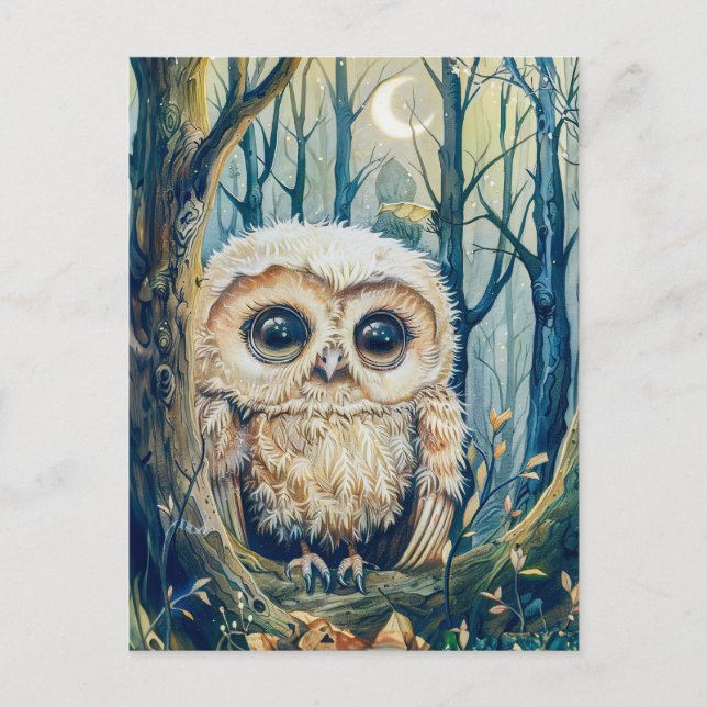 Little Owl auf dem Zweig am Halbmond Postkarte (Vorderseite)