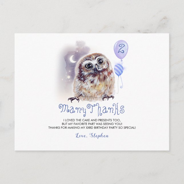Little Owl Birthday Danke Postkarte (Vorderseite)