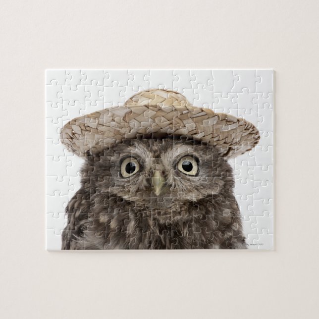 Little Owl mit einem Strohhut - Athene noctua Puzzle (Horizontal)