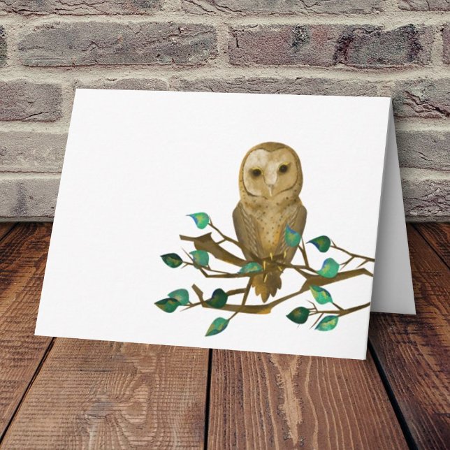 Little Owl Note Card, Laubgrüne Baumzweigung Karte (Blank note card with beige barn owl perched on leafy green branch)