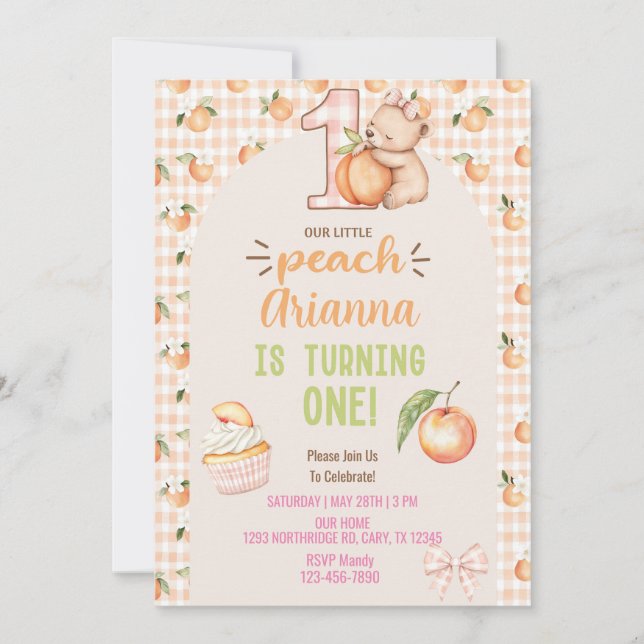 Little Peach girl 1st first birthday invitation. Einladung (Vorderseite)