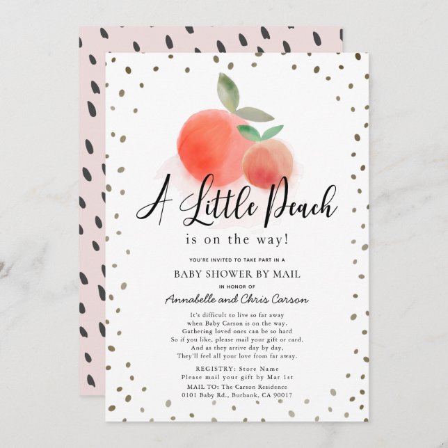 Little Peach Watercolor White Baby Shower by Mail Einladung (Vorne/Hinten)