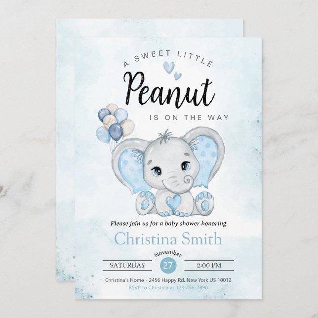 Little Peanut Blue Elephant Baby Boy Dusche Einladung (Vorne/Hinten)